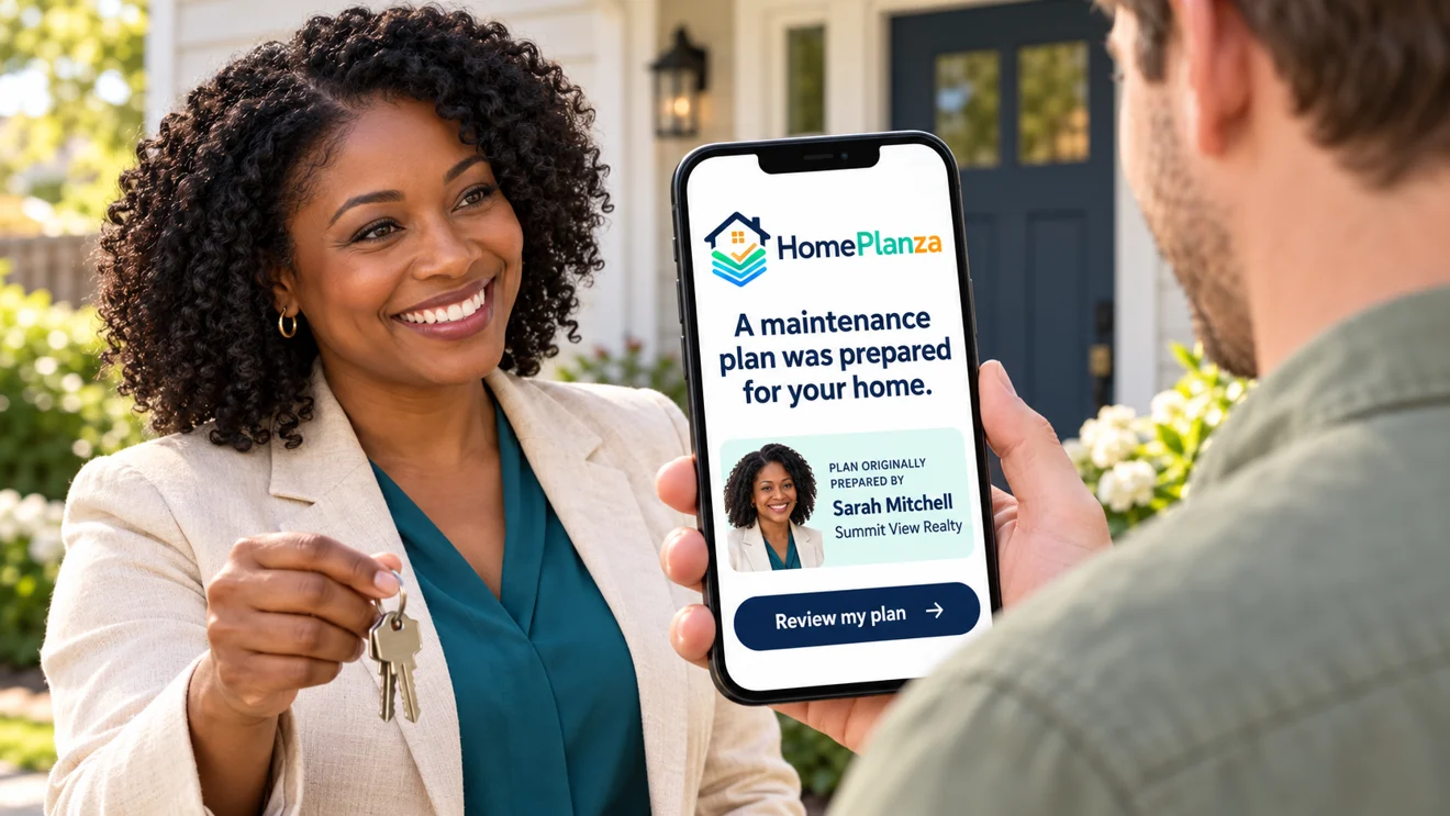 Illustration of a professional sharing a branded home maintenance plan at closing